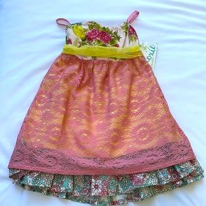 Moxie & Mabel size 12 mo party dress. Pink lace, floral cotton & yellow sash.